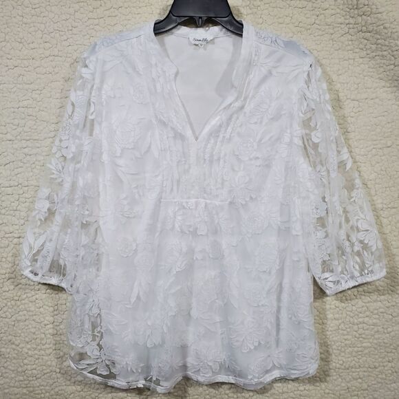 Siren Lily White Floral Lined Sheer Lace 3/4 Sleeve Open V Neck Blouse 2X - Picture 1 of 16